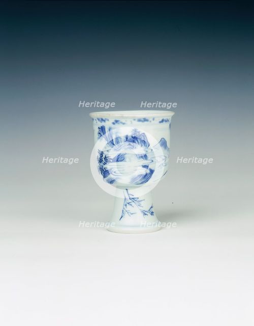 Blue and white stemcup with mountain landscape, China, 1662-1677. Creator: Unknown.