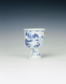 Blue and white stemcup with mountain landscape, China, 1662-1677