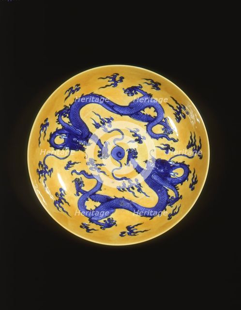 Blue and yellow dragon plate, Qing dynasty, China, 18th-19th century. Creator: Unknown.