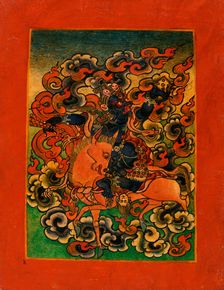 Blue Deity from Yama's Retinue (?) Riding a Bull, Nyingmapa Buddhist..., 18th-19th century. Creator: Unknown