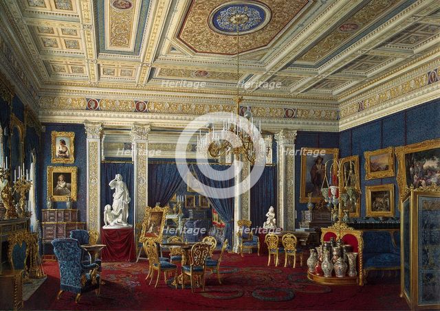 Blue Drawing-Room in the Mariinsky Palace in Saint Petersburg, Mid of the 19th cen.. Artist: Hau, Eduard (1807-1887)