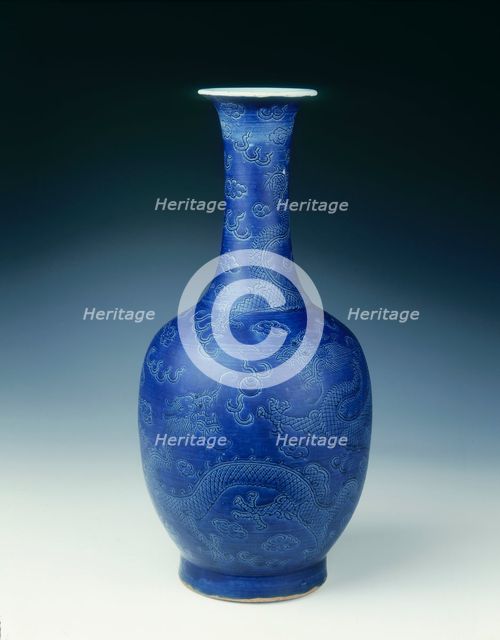 Blue glazed vase with incised dragons, Ming dynasty, China, c1645. Creator: Unknown.