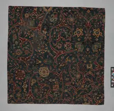 Blue-ground Carpet Fragment with Scrolling Floral Vines, Iran, 17th century. Creator: Unknown