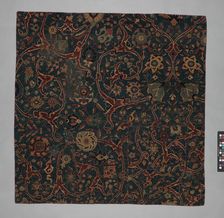 Blue-ground Carpet Fragment with Scrolling Floral Vines, Iran, 17th century. Creator: Unknown