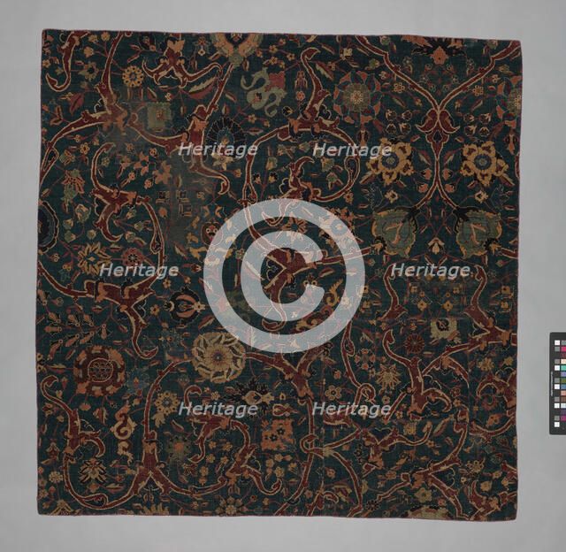 Blue-ground Carpet Fragment with Scrolling Floral Vines, Iran, 17th century. Creator: Unknown.