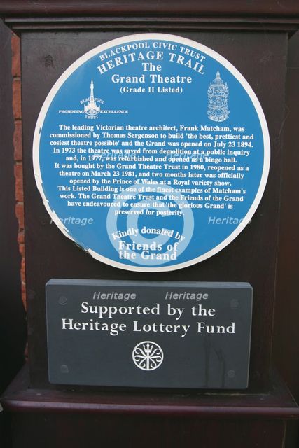 Blue information plaque, Grand Theatre, Blackpool, Lancashire. Creator: Peter Thompson.