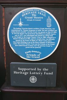 Blue information plaque, Grand Theatre, Blackpool, Lancashire. Creator: Peter Thompson