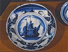 Blue plate with a sailing ship, Catalan ceramics of the 18th century