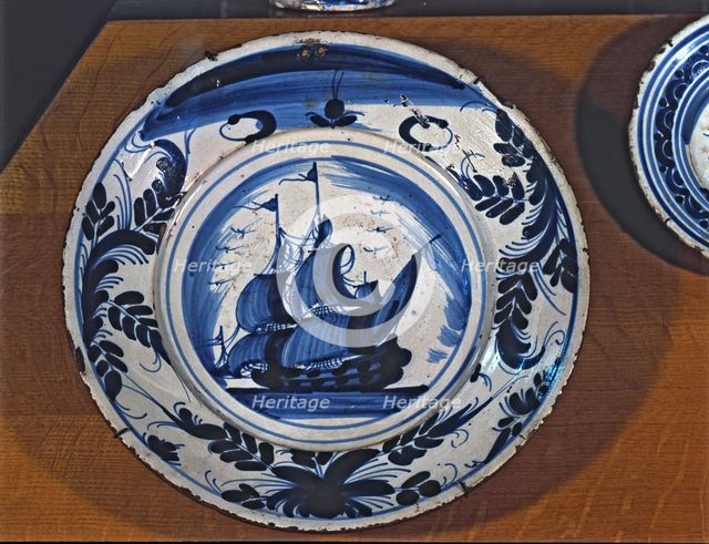 Blue plate with a sailing ship, Catalan ceramics of the 18th century.