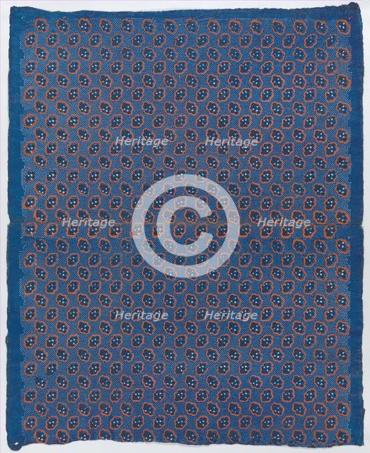 Blue sheet with two borders with a white floral and lace pattern, la..., late 18th-mid-19th century. Creator: Anon.