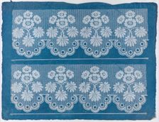 Blue sheet with two borders with a white floral and lace pattern, la..., late 18th-mid-19th century. Creator: Anon