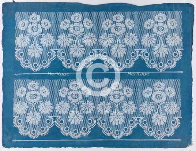 Blue sheet with two borders with a white floral and lace pattern, la..., late 18th-mid-19th century. Creator: Anon.