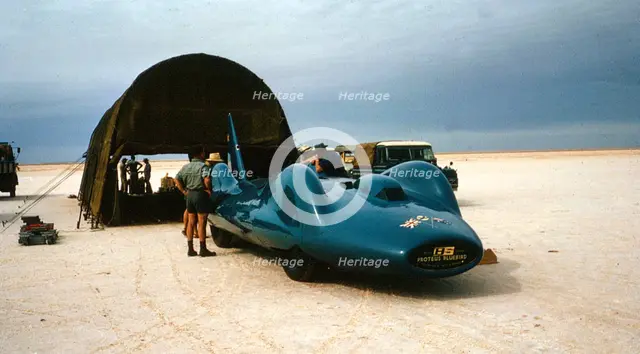 Bluebird CN7 in temporary canvas hangar for World Record attempt, Lake Eyre, Australia, 1964. Creator: Unknown.