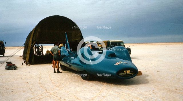 Bluebird CN7 in temporary canvas hangar for World Record attempt, Lake Eyre, Australia, 1964. Creator: Unknown.