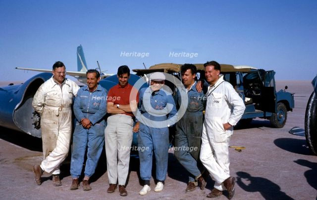 Bluebird CN7 support crew, Ken Norris (3rd from left), Leo Villa (3rd from right), Lake Eyre, 1964. Creator: Unknown.