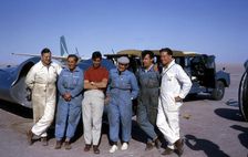 Bluebird CN7 support crew, Ken Norris (3rd from left), Leo Villa (3rd from right), Lake Eyre, 1964. Creator: Unknown