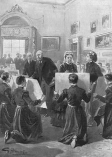Bluecoat Boys showing their drawings to Queen Victoria at Buckingham Palace, 1873 (1901). Creator: Unknown