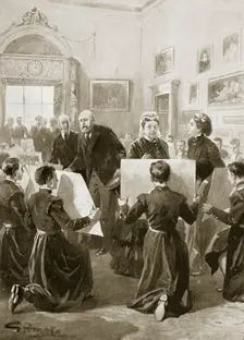 Bluecoat schoolboys showing their drawings to Queen Victoria, 3 April 1873 (1901). Creator: Unknown