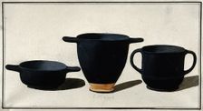 Black Greek drinking cups; left, shallow cup with horizontal handles; middle, tall cup..., 1760-9. Creator: Augustin Dahlsteen