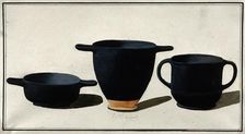 Black Greek drinking cups; left, shallow cup with horizontal handles; middle, tall cup..., 1760-9. Creator: Augustin Dahlsteen