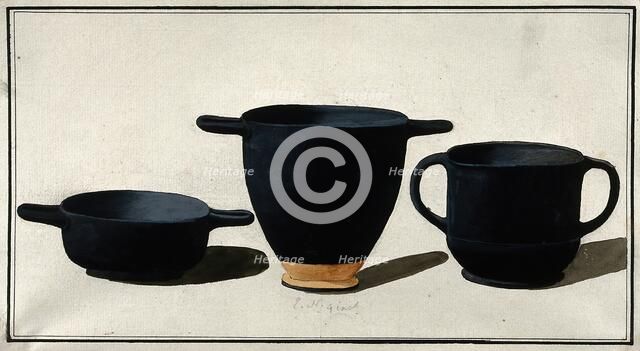 Black Greek drinking cups; left, shallow cup with horizontal handles; middle, tall cup..., 1760-9. Creator: Augustin Dahlsteen.