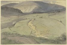 Black Forest landscape, view over rolling meadows to higher mountains, c1860-1900. Creator: Hans Thoma