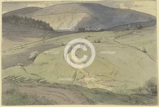 Black Forest landscape, view over rolling meadows to higher mountains, c1860-1900. Creator: Hans Thoma.