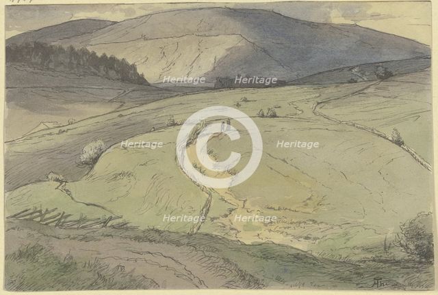 Black Forest landscape, view over rolling meadows to higher mountains, c1860-1900. Creator: Hans Thoma.