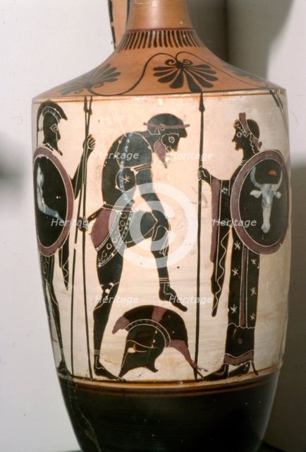 Black figured Lekytkos (oil-bottle), Warrior Arming, Athens, c490BC Artist: Edinburgh Painter.