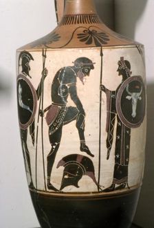 Black figured Lekytkos (oil-bottle), Warrior Arming, Athens, c490BC Artist: Edinburgh Painter
