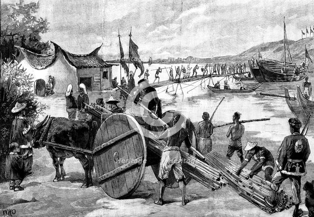"Black Flags'' in Formosa: constructing a...bridge across the Lagoon, by which to retreat..., 1895. Creator: P Naumann.