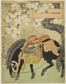 Black Horse Tethered under a Blossoming Cherry Tree, Japan, c. 1770. Creator: Shunsho