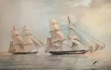 Black Joke engaging the Spanish Slave Brig El Almirante, 1 February 1829 1830. Artist: Edward Duncan