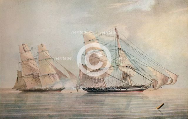 'Black Joke engaging the Spanish Slave Brig El Almirante, 1 February 1829', 1830. Artist: Edward Duncan.