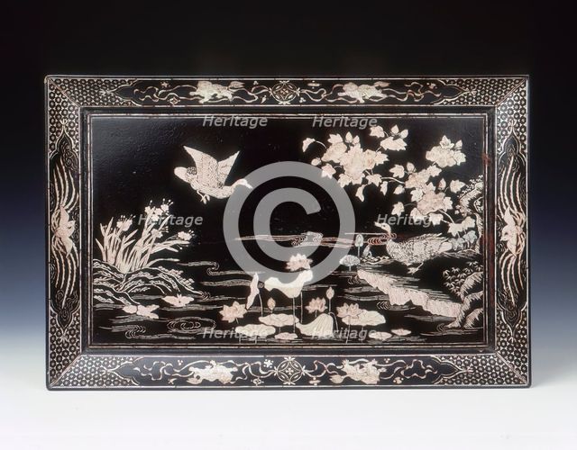 Black lacquer tray with mother-of-pearl, Ming dynasty, China, 2nd half of 16th century. Creator: Unknown.