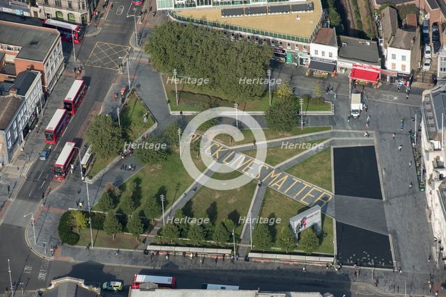Black Lives Matter slogan written on path in General Gordon Place, Woolwich, London, 2021 . Creator: Damian Grady.