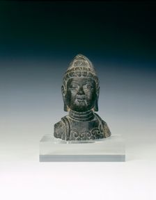 Black marble head of a Bodhisattva, China, 757-906 AD. Creator: Unknown