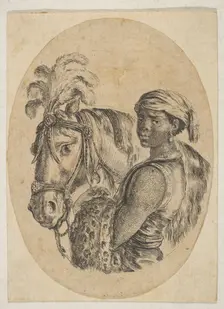 Black slave carries a leopard pelt and holds the bridle of a horse, from Several heads..., 1649-50. Creator: Stefano della Bella