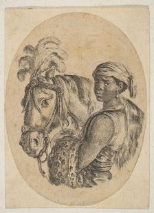 Black slave carries a leopard pelt and holds the bridle of a horse, from Several heads..., 1649-50. Creator: Stefano della Bella
