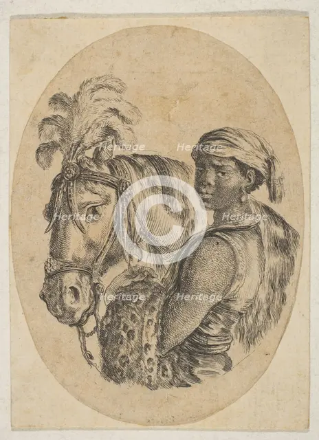 Black slave carries a leopard pelt and holds the bridle of a horse, from 'Several heads..., 1649-50. Creator: Stefano della Bella.