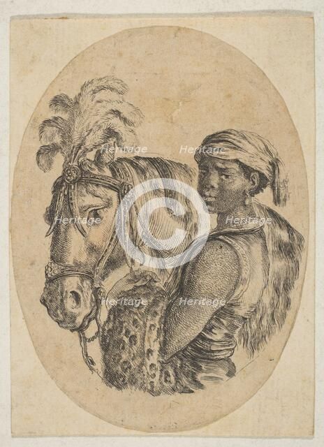 Black slave carries a leopard pelt and holds the bridle of a horse, from 'Several heads..., 1649-50. Creator: Stefano della Bella.