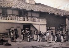 Black slaves boxing and weighing the sugar, working on an agricultural plantation, reproduction o…