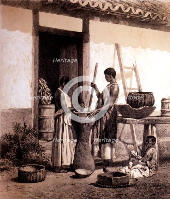 Black slaves grinding coffee on an agricultural plantation, lithograph.