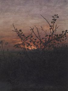 Blackthorn (?) in front of a Landscape at Sunset, 1864. Creator: Leon Bonvin