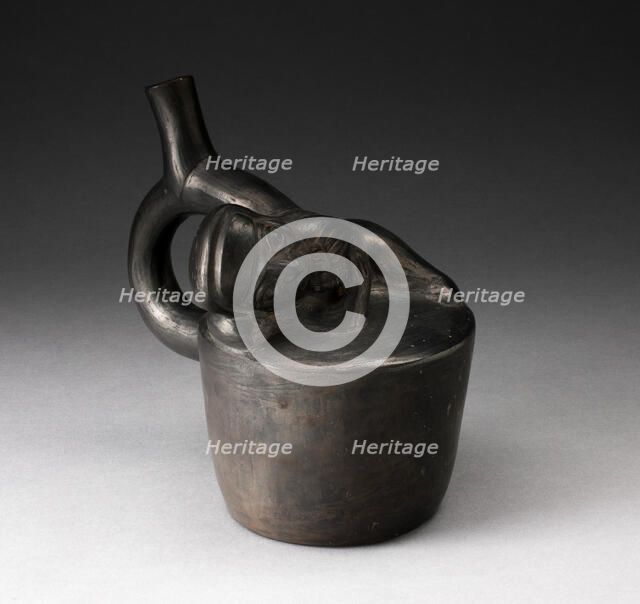 Blackware Handle Spout Vessel with Relief of a Reclining Musician with Pipes, 100 B.C./A.D. 500. Creator: Unknown.