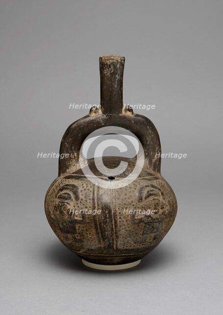 Blackware Stirrup Spout Vessel with a Relief Depicting Warriors with Raised Arms, A.D. 1200/1450. Creator: Unknown.
