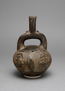Blackware Stirrup Spout Vessel with a Relief Depicting Warriors with Raised Arms, A.D. 1200/1450. Creator: Unknown