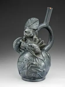 Blackware Vessel in the Form of a Figure Fishing, Possibly Ai-Apec, with a Crab, 100 B.C./A.D. 500. Creator: Unknown
