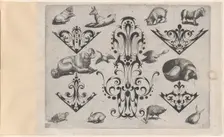 Blackwork Designs with Various Mammals and Birds, Plate 5 from a Series of Blackwork..., after 1622. Creator: Meinert Gelijs