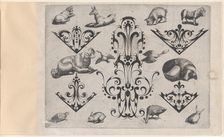 Blackwork Designs with Various Mammals and Birds, Plate 5 from a Series of Blackwork..., after 1622. Creator: Meinert Gelijs